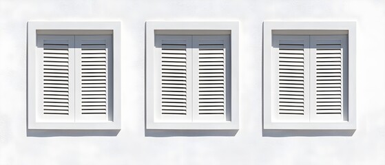 Three symmetrical windows with white shutters on a clean wall, showcasing modern minimalist architecture, residential design concept