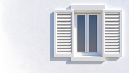Fototapeta premium Trio of white windows with shutters partially open, highlighting sleek and simple exterior design, suburban home aesthetic concept