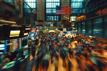 Obraz premium A busy market with people walking around and a large American flag hanging