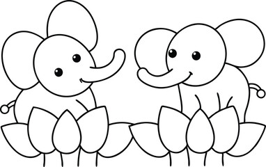 two Elephant on flower coloring page for kid's 