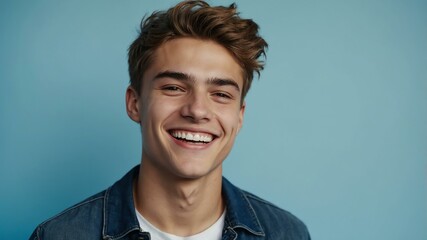 Fototapeta premium teenage european man on pastel blue background model close-up smiling with beautiful teeth for ad concept space for text