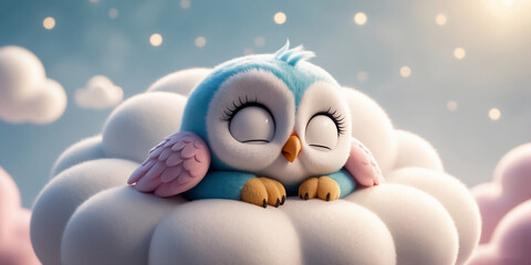 Little cute cartoon owl sleeping on a cloud decoration