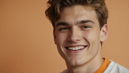 Fototapeta premium teenage caucasian man on pastel orange background model close-up smiling with beautiful teeth for ad concept space for text