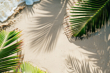 A beach scene with palm trees and a white foam line