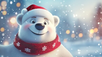 Cute cartoon polar bear in a snowy forest, spreading christmas cheer with a santa hat and scarf, creating a magical winter wonderland. Perfect for holiday designs and greeting cards