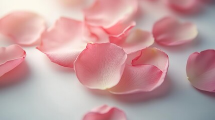 Fototapeta premium delicate arrangement of blush pink rose petals scattered on pristine white surface soft lighting shallow depth of field romantic mood highkey photography style
