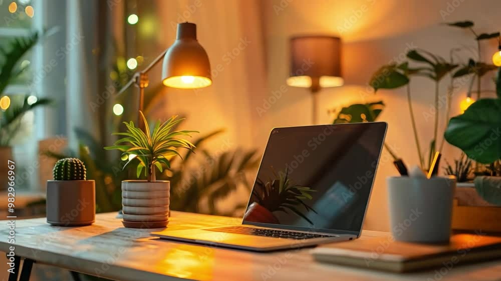 Aufkleber A workspace features a laptop placed on a wooden desk adorned with potted plants and illuminated by soft warm lighting, creating a relaxing environment for productivity.