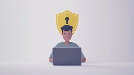 Cartoonish man is using a laptop while being protected by a security shield, emphasizing the concept of online safety and data protection