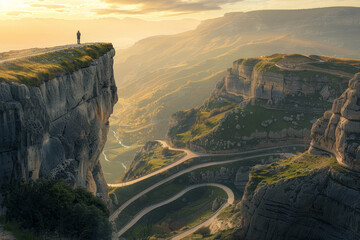 A man stands on a cliff overlooking a mountain range