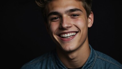 Fototapeta premium teenage american man on black background model close-up smiling with beautiful teeth for ad concept space for text