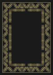 Golden vintage frame of A4 format with complex multi-layered ornament and additional decorative elements on a black background. Vector illustration
