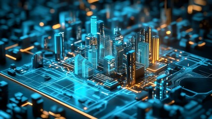 A futuristic cityscape with glowing skyscrapers integrated into a digital circuit board, showcasing advanced technology and urban development.