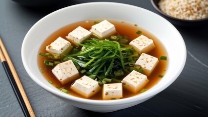 A plate of steaming hot miso soup sprinkled with tofu cubes, seaweed and green onions.