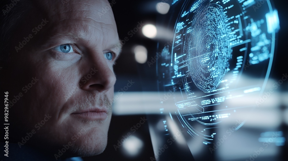 Poster software developer analyzes code on a digital screen in a modern office at night, showcasing innovat