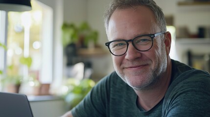 Fototapeta premium Smiling man works happily in his home office, surrounded by technology and natural light, exuding confidence and positivity in his remote work environment