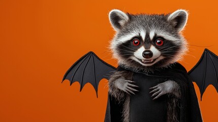 Mischievous raccoon dressed as a vampire for halloween, posing playfully against an orange background, adding spooky charm to the fall season