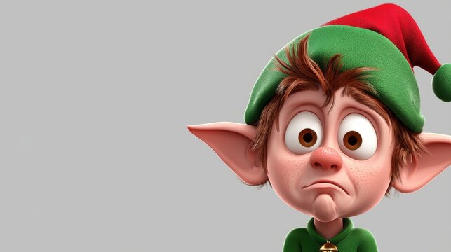 3d rendered illustration of a sad elf wearing a green and red christmas hat. His head is tilted down and his face conveys sadness