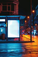 Night Cityscape with Illuminated Empty Billboard on Street