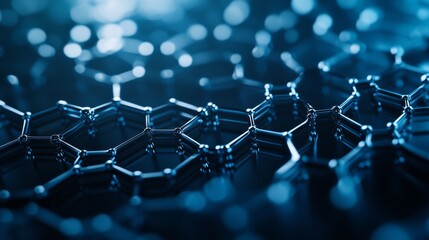 Obraz premium A close-up view of molecular structures, showcasing interconnected hexagonal shapes, illuminated by a soft blue glow.