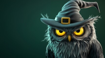 Spooky grey owl with piercing yellow eyes wearing a witch hat, set against a dark green background, evoking a chilling halloween atmosphere