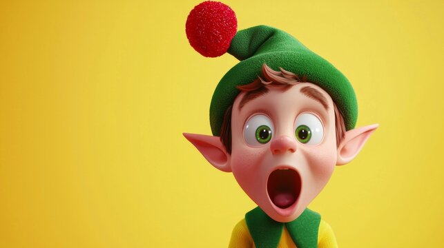 Surprised 3d christmas elf on a yellow background, embodying holiday spirit with a funny expression. Perfect for adding humor and joy to projects!