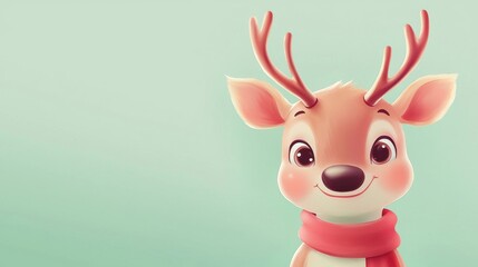 Naklejka premium Cute cartoon reindeer wearing a red scarf is smiling on a green background. This illustration is perfect for christmas projects