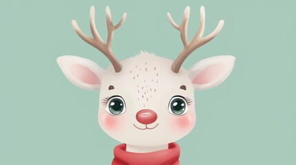 Fototapeta premium Charming cartoon reindeer with big eyes and a red scarf smiles brightly against a teal background, perfect for festive designs