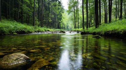 A stream flowing gently through a lush, green forest, its waters crystal clear and reflective of the surrounding trees