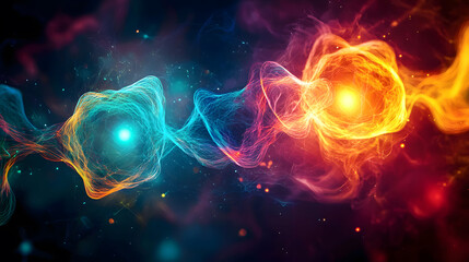 Obraz premium Conceptual of quantum entanglement,particles connected in a beautiful, visually striking arrangement with vibrant colors and glowing light.