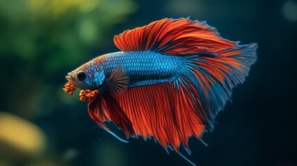 Fototapeta premium A colorful Betta fish swims in its tank, munching on food against a dark background.