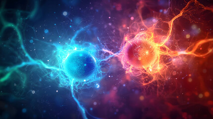 Obraz premium Two glowing particles, connected by an electric beam in space,visually striking arrangement with vibrant colors and glowing light,conceptual of quantum entanglement.