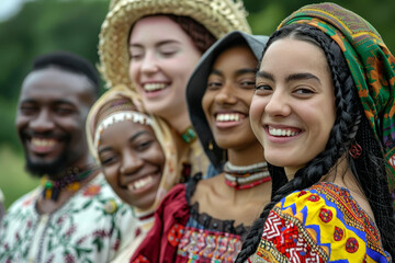 A group of people are smiling and wearing colorful clothing