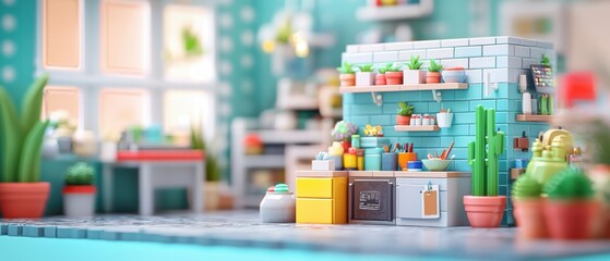 Fototapeta premium Colorful Miniature Kitchen With Plants and Accessories
