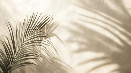 Obraz premium elegant interplay of palm leaf shadows on textured beige wall minimalist composition creates soothing tropical ambiance with subtle depth and organic patterns