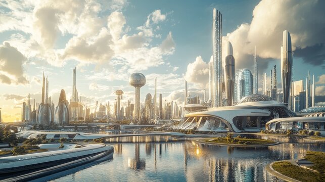 A futuristic cityscape featuring sleek skyscrapers, advanced architecture, and a serene waterway under a bright sky.