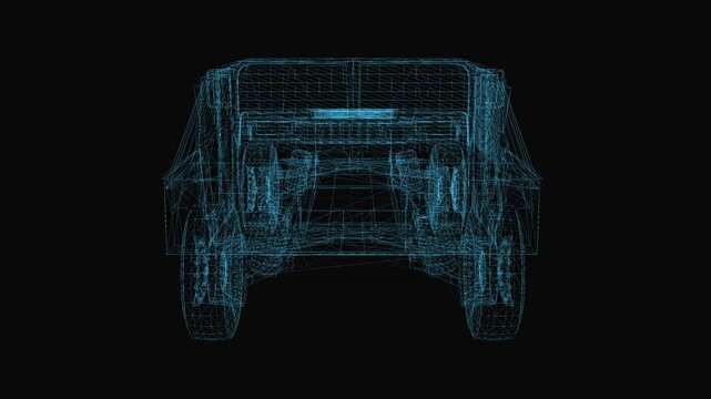 Military Hummer car wireframe scheme. 3d render with blue grid lines. Loop rotation on black background. 