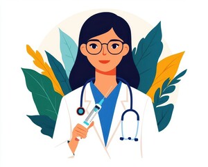 Pharmacist holding syringe and medication, isolated figure in clinical setting, flat design illustration