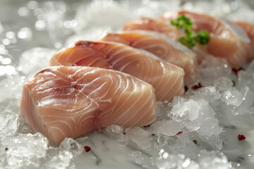 A plate of fish with ice and parsley on top