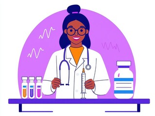 Pharmacist labeling syringes, isolated in clinical workspace, flat design illustration