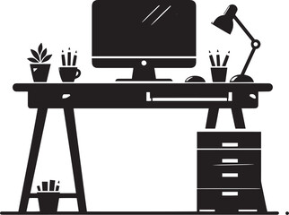 Computer and study desk room silhouette vector illustration isolated on a white background