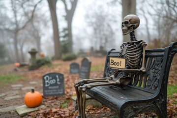 Fototapeta premium A skeleton rests on a bench, displaying a festive sign that reads Boo in a misty autumn park