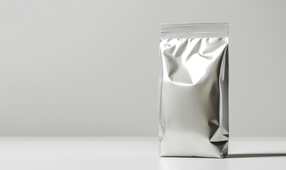 A silver foil pouch on a white background.
