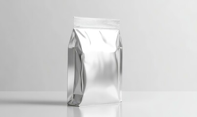 Silver foil pouch on a white background.