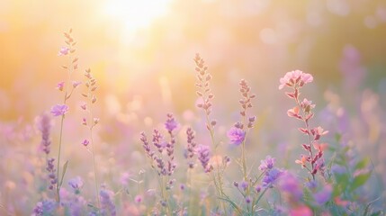 Obraz premium enchanting wildflower meadow at golden hour soft focus foreground of purple and pink blooms dreamy hazy background suffused with warm light evokes romantic pastoral atmosphere