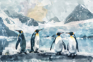 Obraz premium Four penguins standing on a rocky shoreline in front of a snowy mountain