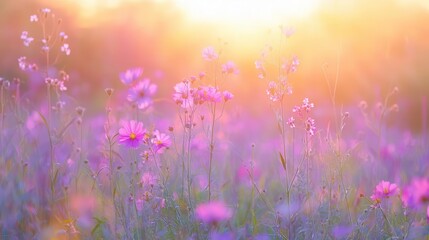 enchanting wildflower meadow at golden hour soft focus foreground of purple and pink blooms dreamy hazy background suffused with warm light evokes romantic pastoral atmosphere