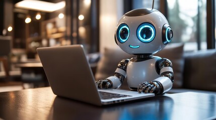 endearing robot engrossed in laptop work sleek metallic design with expressive led eyes cozy home office setting blends tech and warmth