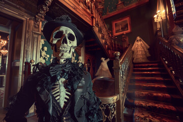 Obraz premium A skeleton dressed in a black suit stands in front of a staircase