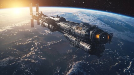 A futuristic spaceship or station orbits Earth, illuminated by sunlight, showcasing advanced technology against the backdrop of our planet.