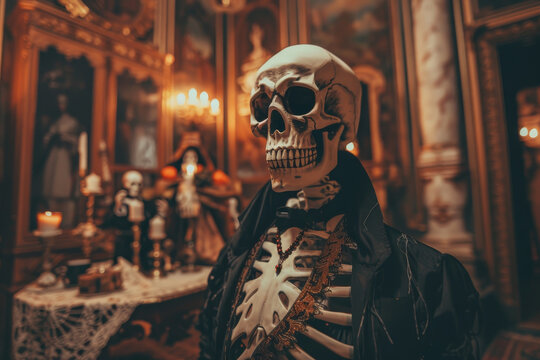 A skeleton dressed in a black suit stands in front of a table with candles